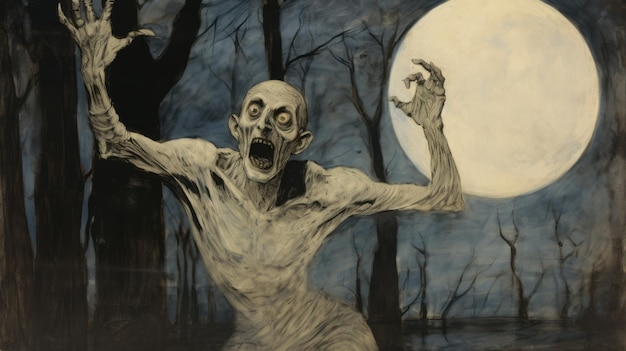 Animated exuberance a george biddleinspired painting of a zombie in full moon