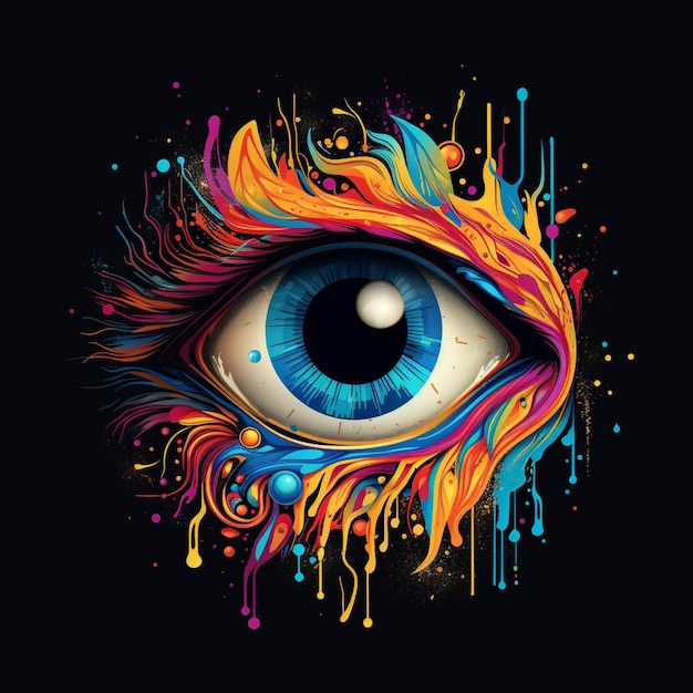 Photo animated eye emblem design with bursts of bright colors