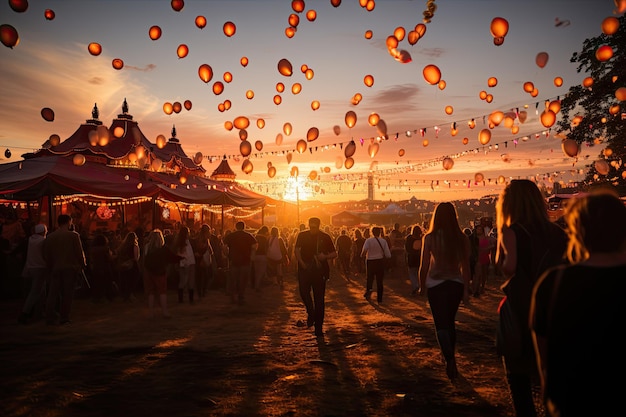 Animated Festival crowds stages food and vibrant sunset generative IA