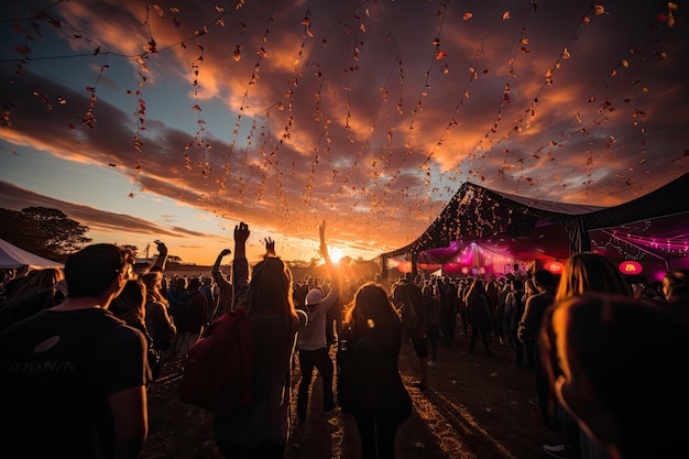 Animated Festival crowds stages food and vibrant sunset generative IA