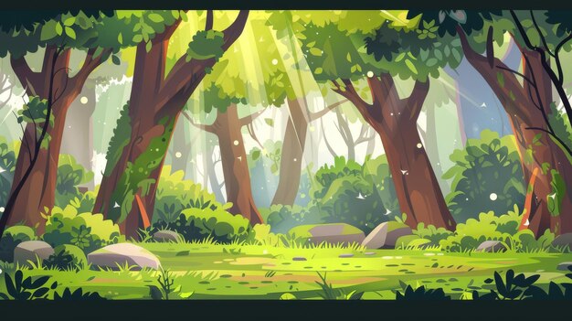 Animated forest landscape with deciduous trees moss on rock trunks and sunlight spots on the ground Scenery view summer or spring wood modern illustration