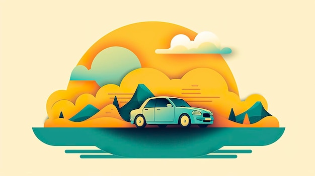 Animated GIF of a Car Driving Through a Hilly Landscape with Luggage Box on Top in Yellow Blue and Green AI Generative