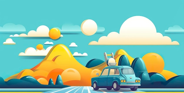 Animated GIF of a Car Driving Through a Hilly Landscape with Luggage Box on Top in Yellow Blue and Green AI Generative