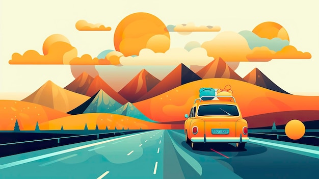 Foto gif animata di un'auto che guida attraverso un paesaggio collinare con un portabagagli in alto in giallo blu e verde ai generative