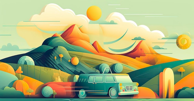 Animated GIF of a Car Driving Through a Hilly Landscape with Luggage Box on Top in Yellow Blue and Green AI Generative