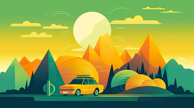 黄色、青、緑の AI 生成の荷物ボックスを上に乗せて丘陵地帯を走行する車のアニメーション GIF