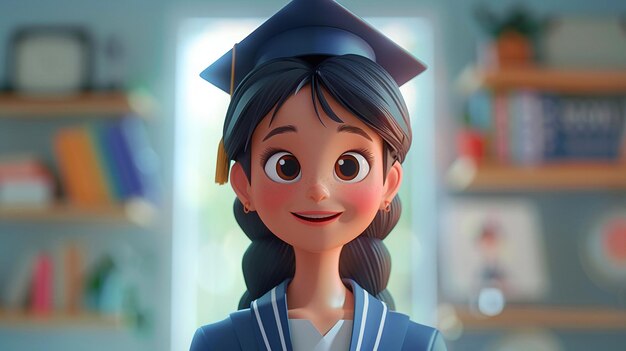 Анимационная выпускница улыбается в шапке и халате
