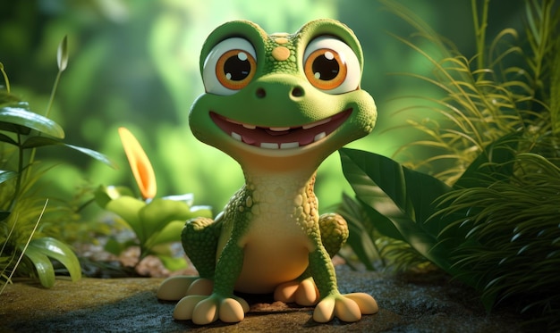 An animated green gecko character in the jungle, AI-generated.