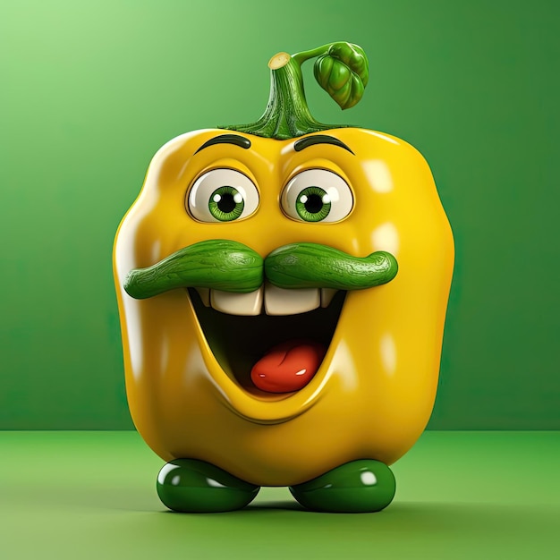 An animated green pepper is sitting in front of a yellow background in the style of detailed charac