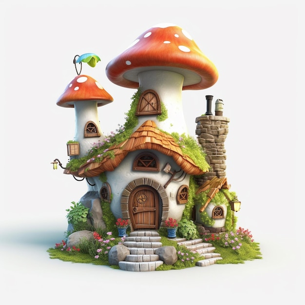 Animated illustrated cartoon mushroom house with hut