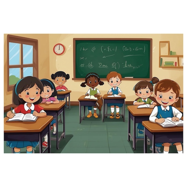 animated illustration of a child studying at school