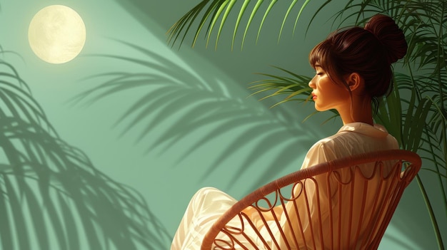 Animated illustration of a girl resting in a wicker chair at a villa on a background of green palm trees during summer vacation