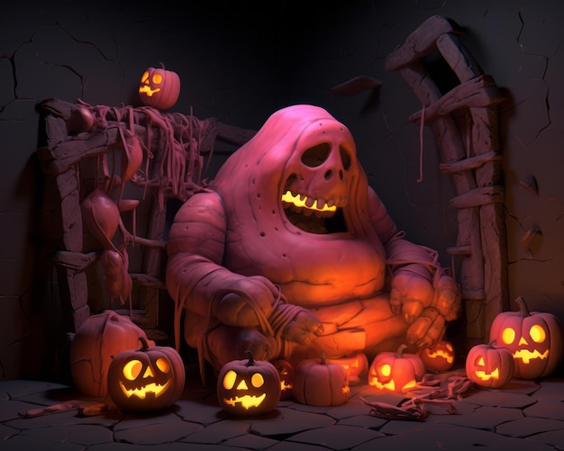 an animated image of a skeleton sitting in front of a bunch of pumpkins