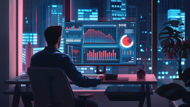 Animated Infographic Visualizing Future Tech Trends on Monitor in a Startup Office