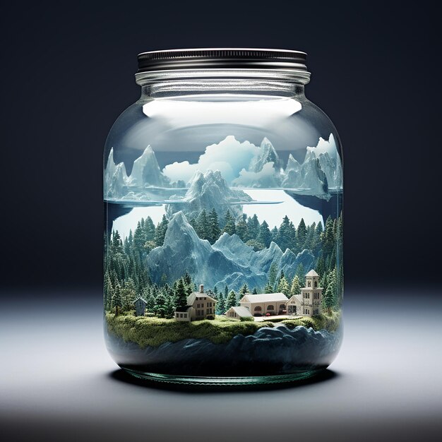 An animated jar full of water clouds a town and islands