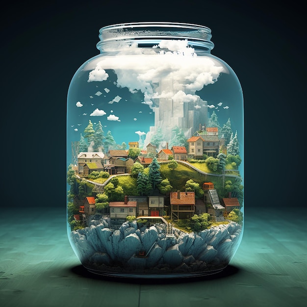 An animated jar full of water clouds a town and islands