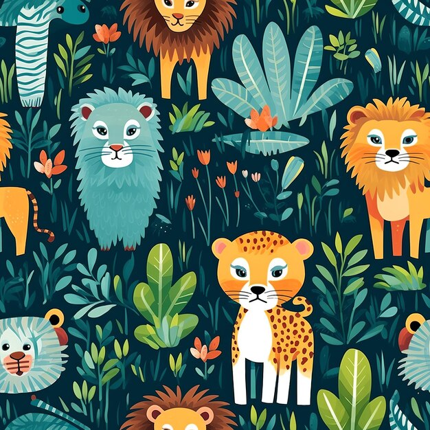 Animated jungle animal seamless pattern for kids' decor