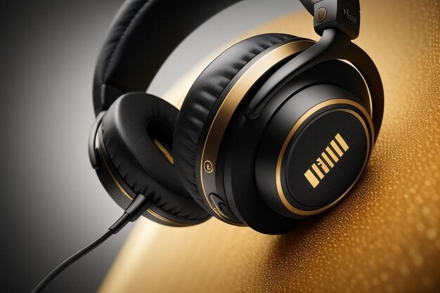 Photo animated looping gold headphone rotating on black background