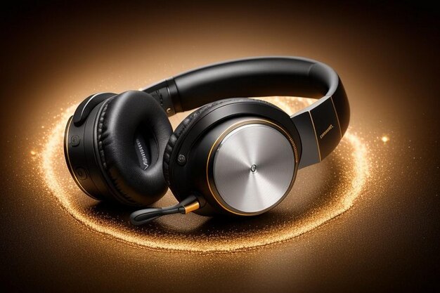 Photo animated looping gold headphone rotating on black background