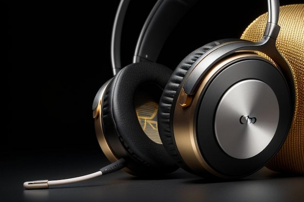 Photo animated looping gold headphone rotating on black background