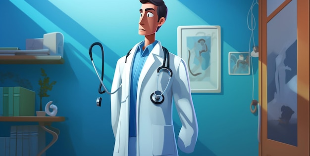 an animated medical figure with a stethoscope and a blue uniform