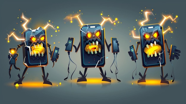 Foto personaggi animati di telefoni cellulari con occhi luminosi in un'illustrazione moderna isolata mascotte con uno schermo rotto carica bassa e piena energia della batteria illustrazione moderno isolata
