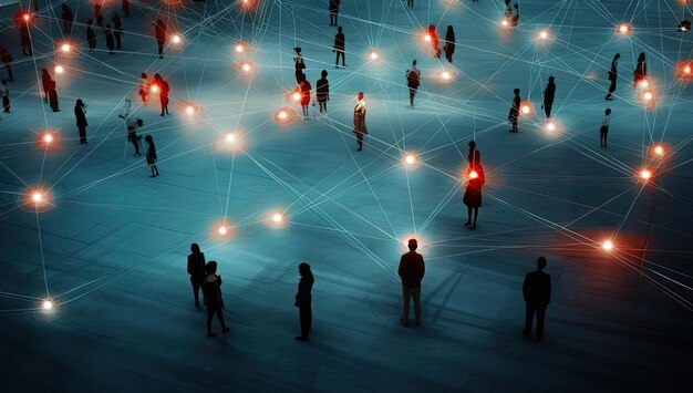 Photo animated model of people in a social nerk connected by lights and lines