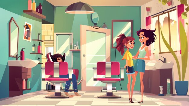 Photo animated modern of hair stylist cutting female client39s hair in a salon cartoon modern of a hairdresser at work with cosmetics and furniture modern parlor interior with a chair mirror sink and