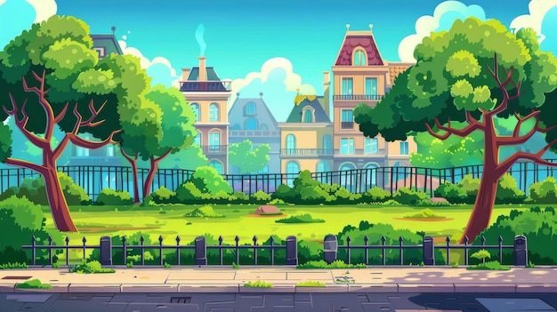 Animated modern illustration of city street with park and buildings behind fence Road sidewalk green bushes trees and houses at horizon