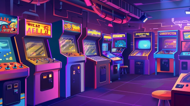 Анимированная современная иллюстрация ретро-компьютерного клуба с игровыми автоматами, старыми аркадными шкафами, ретро-пинбольными машинами и плакатами на стене в ретро-стиле 80-х