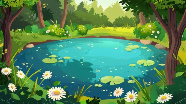 Photo animated modern summer forest landscape with lake little pond with clear blue water grassy shore trees with moss flowers daisies spring woodland with reservoir