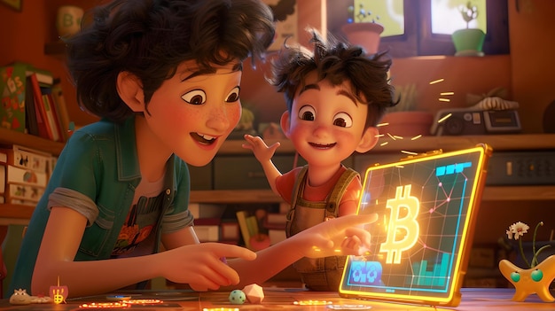 アニメ化された母親と子供が快適な部屋でデジタルタブレットでビットコインを探索しています 暗号通貨教育の明るいカラフルなイラスト テクノロジーAIによる家族の結びつき