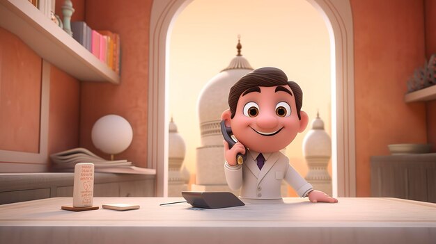 Animated office scene with a character at a desk