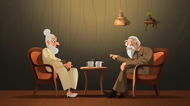 肘掛け椅子で話す高齢者のアニメーション 肘掛け椅子での高齢者の会話のアニメーション