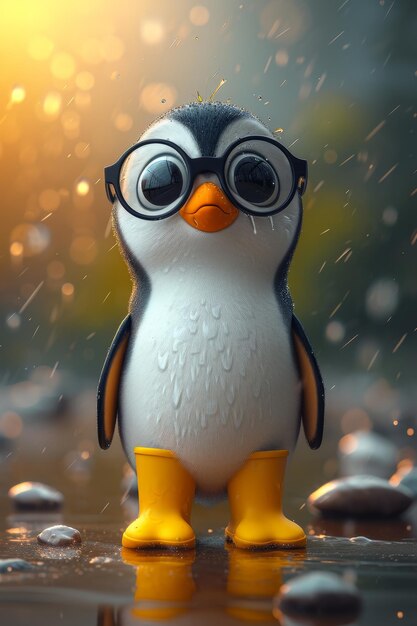 An animated penguin character in yellow boots 3d illustration