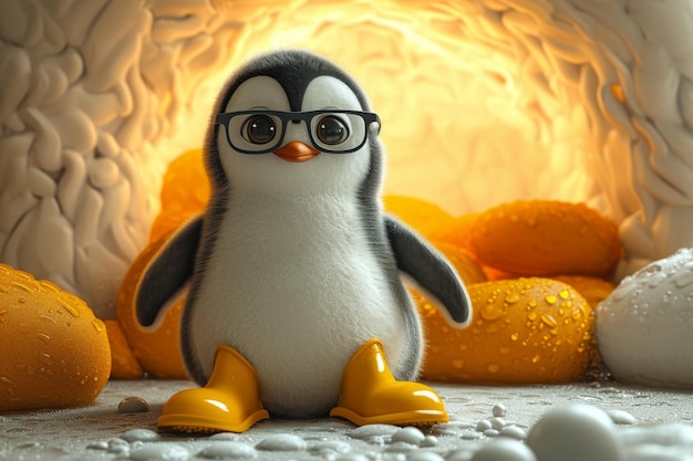 An animated penguin character in yellow boots 3d illustration