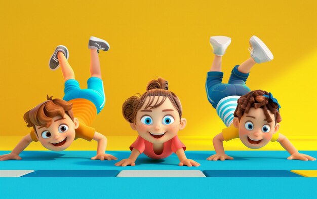 Animated pixar characters of three happy kids exercising on the floor they wear casual gym clothes