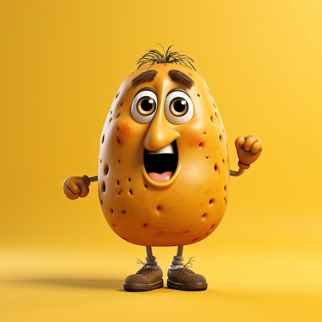 An animated potato character standing on a yellow background s