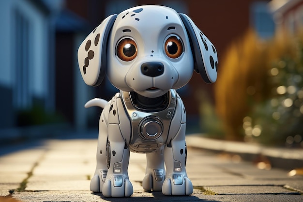 Animated robotic dog stands with realistic motions pet photography