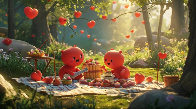 An animated scene featuring heart characters enjoying a picnic with heartshaped treats and goodies