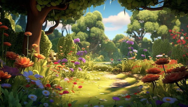 An animated scene of a garden growing in fastforward