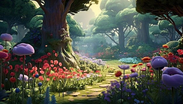 An animated scene of a garden growing in fastforward