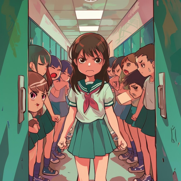 An animated schoolgirl stands defiantly in a corridor surrounded by jeering classmates depicting a moment of confrontation and resilience in a school setting Bullying and standing up for oneself