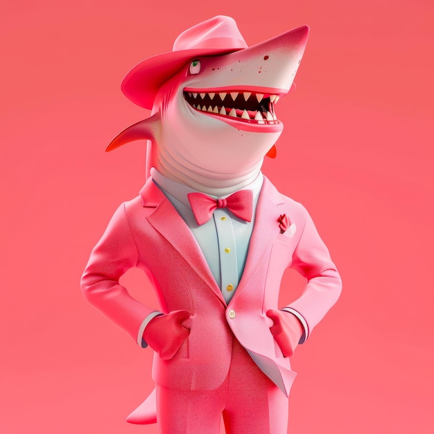 Анимированная акула в розовом костюме, уверенно позирующая