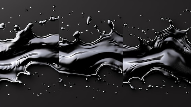 Photo animated splashes of black liquid swirling and spitting with scatter drops advertising elements on transparent background realistic 3d modern icons