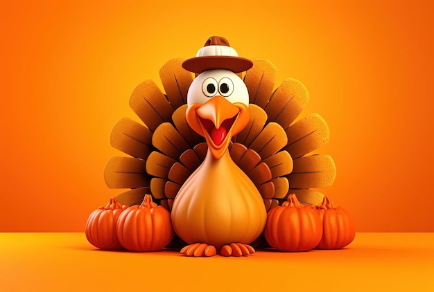 Animated thanksgiving turkey with pumpkin on orange background
