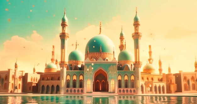 An animated video of a mosque under a bright sky