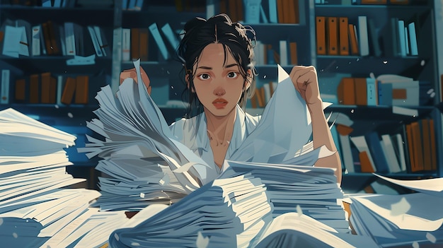 Photo animated woman amidst a sea of papers feeling overwhelmed modern digital art style conceptual illustration for stress at work ideal for blogs and articles ai