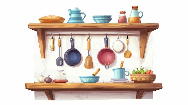Animated wooden kitchen shelf with hanging and standing utensils Modern kitchenware set frying pan and knives plates and cups glass dishes and ceramic dishes