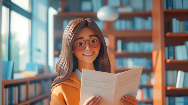 Animated Young Woman Reading in a Library